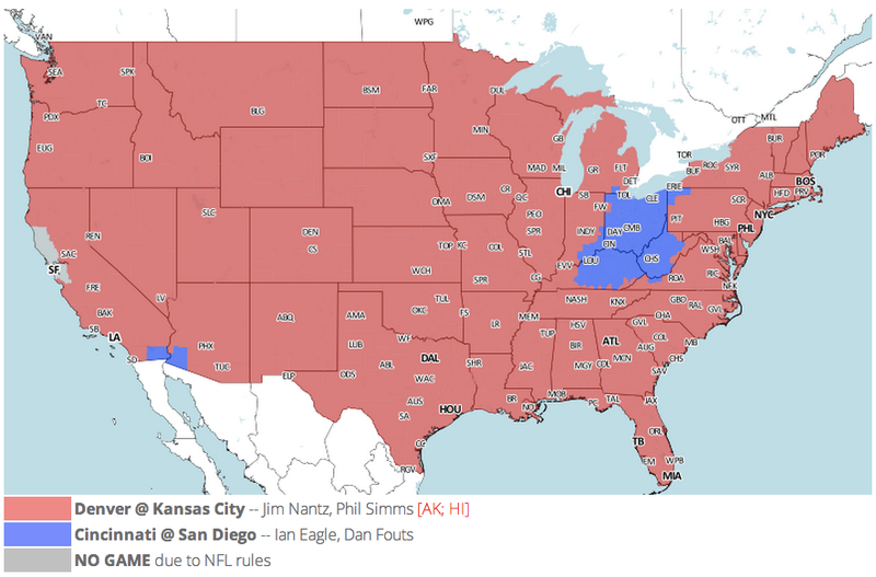 Illustration for article titled Which TV Market's Getting Screwed Today? Your Week 13 NFL Viewing Maps
